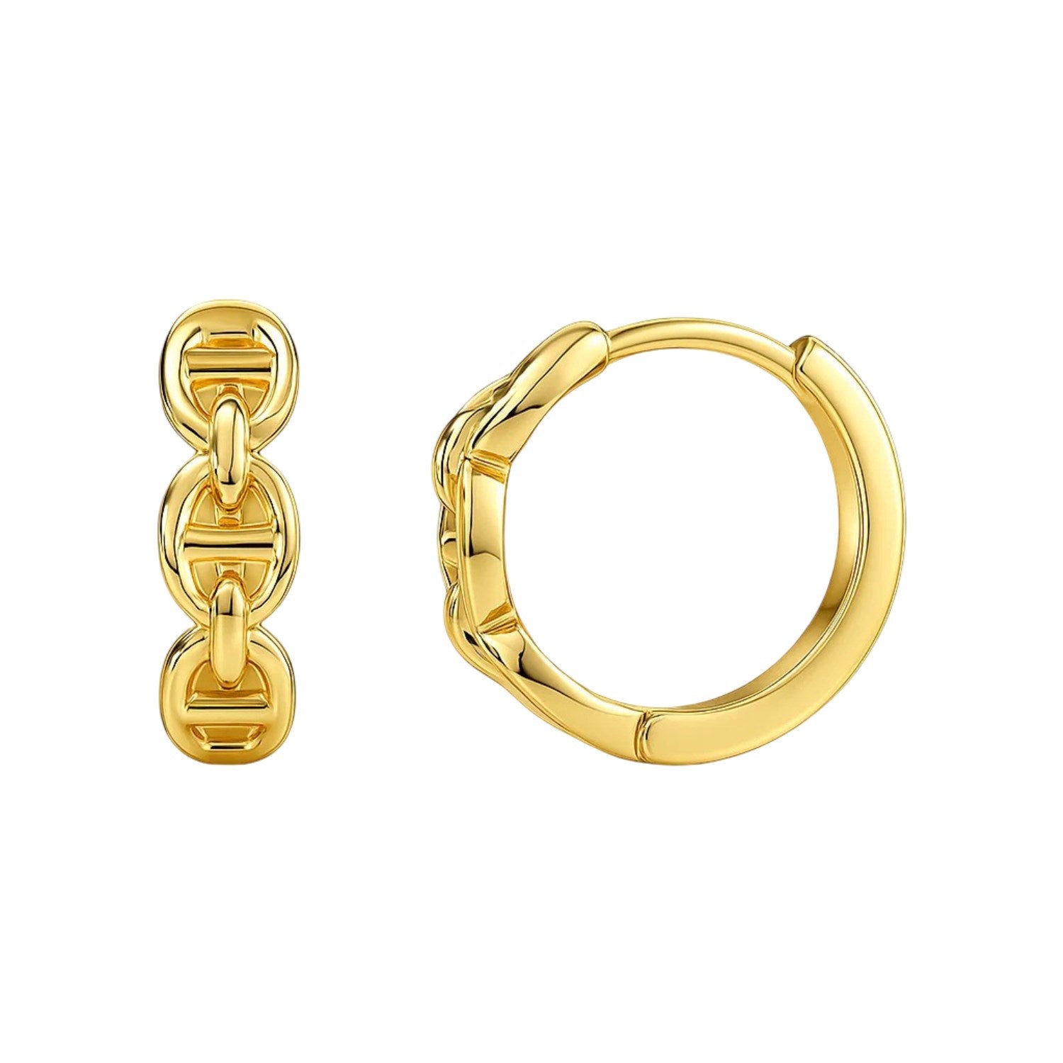 14k Yellow Gold Oval Mariner Huggies in a sleek high-contrast midnight luxury editorial style